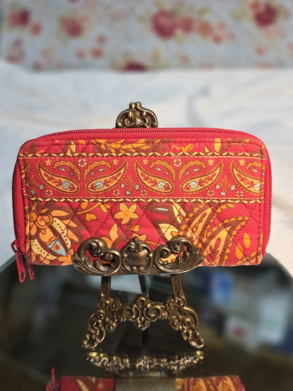 Red Floral Quilted Zip Wallet - Women Bags